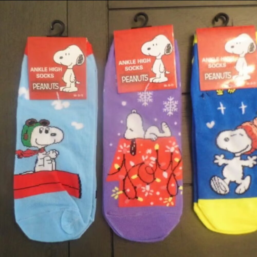 Peanuts Snoopy Ankle High Socks, 3 Pairs Size 9-11